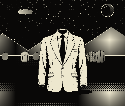 One empty suit standing on a dark plain under a half lit moon, with others further back on the same ground, lit exactly the same.
