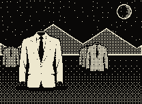 One empty suit standing on a dark plain under a half lit moon, with others further back on the same ground, lit exactly the same.